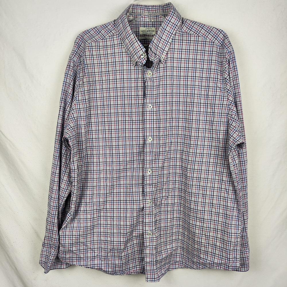 Lucky Brand Shirt Mens XL Blue Check Slim Fit Button Down Stretch Long Sleeve